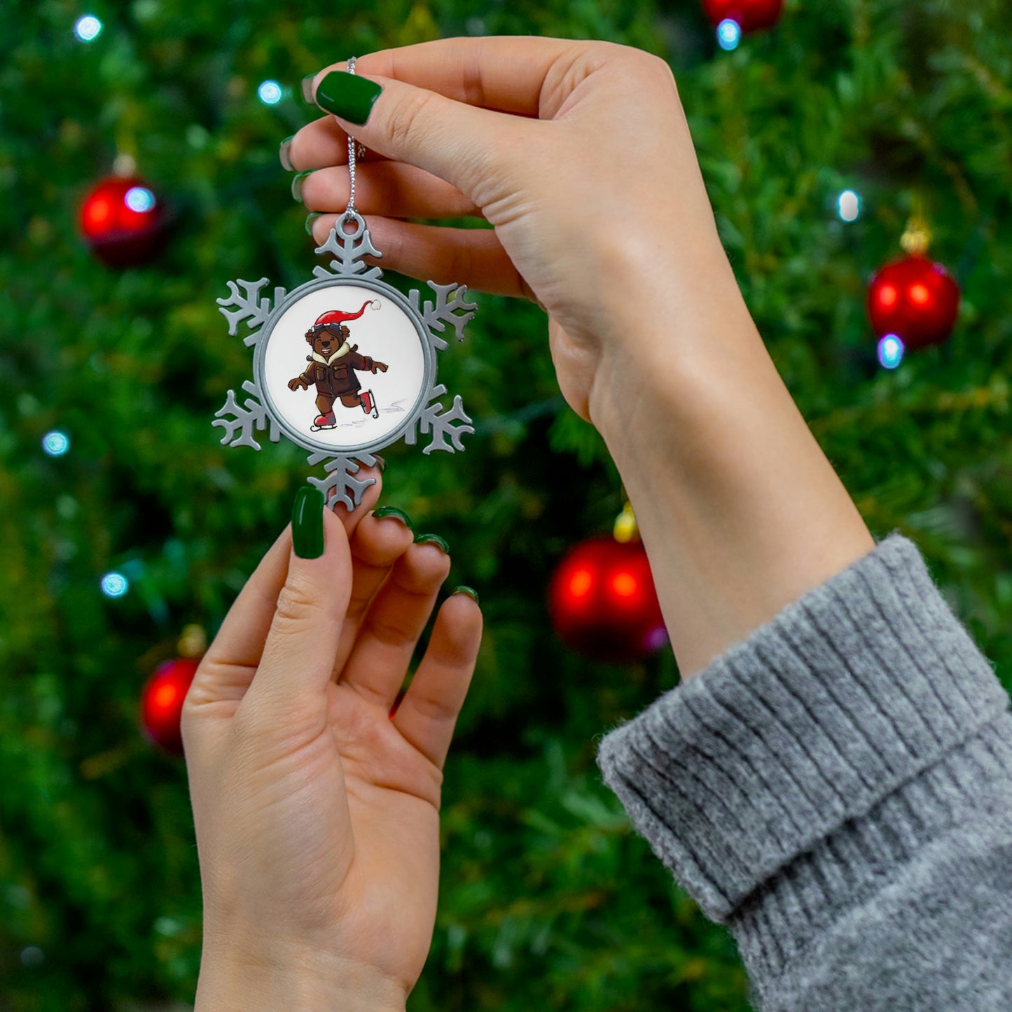 Adventure Ted Skating Pewter Snowflake Ornament